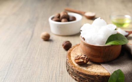 Concept of skin care cosmetics, Shea butter, space for text